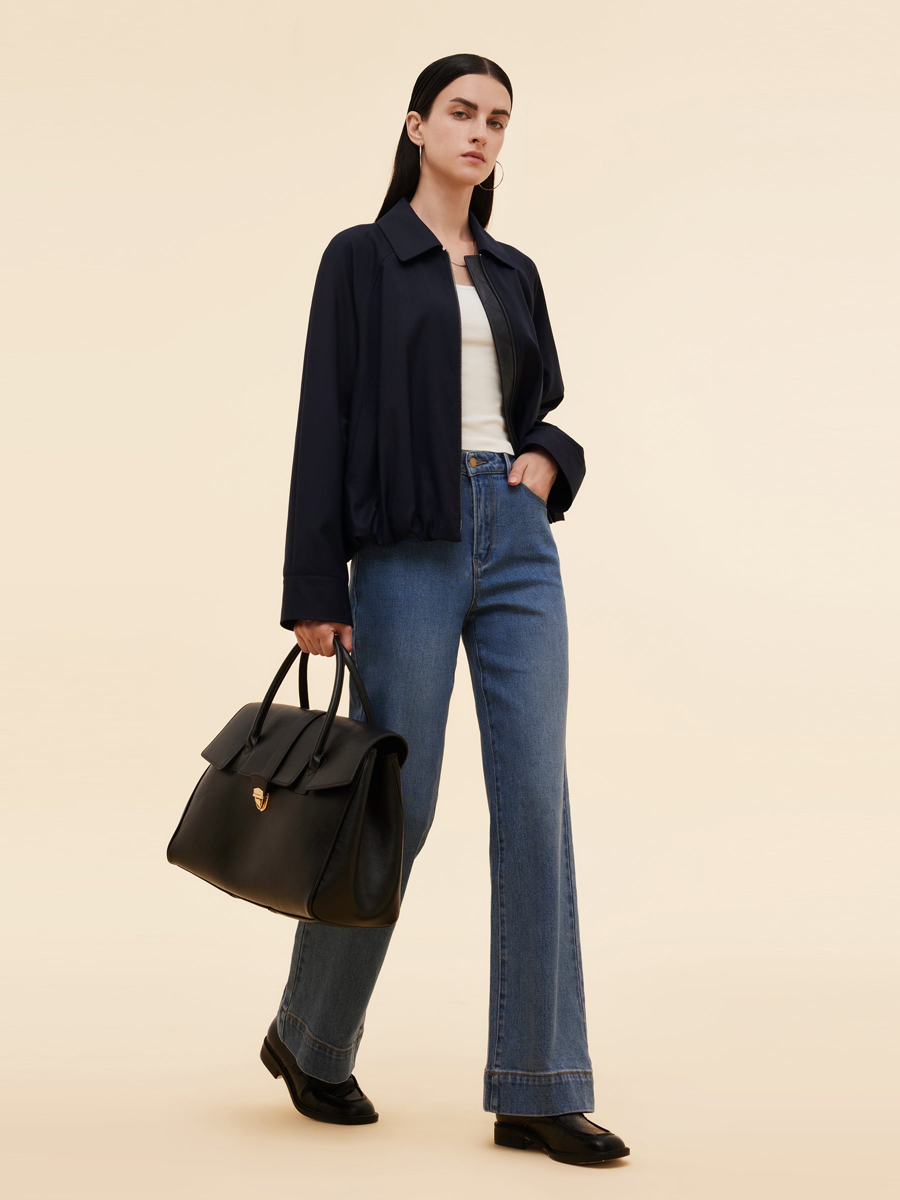 Worsted Wool Blend Zip-Up Women Jacket GOELIA