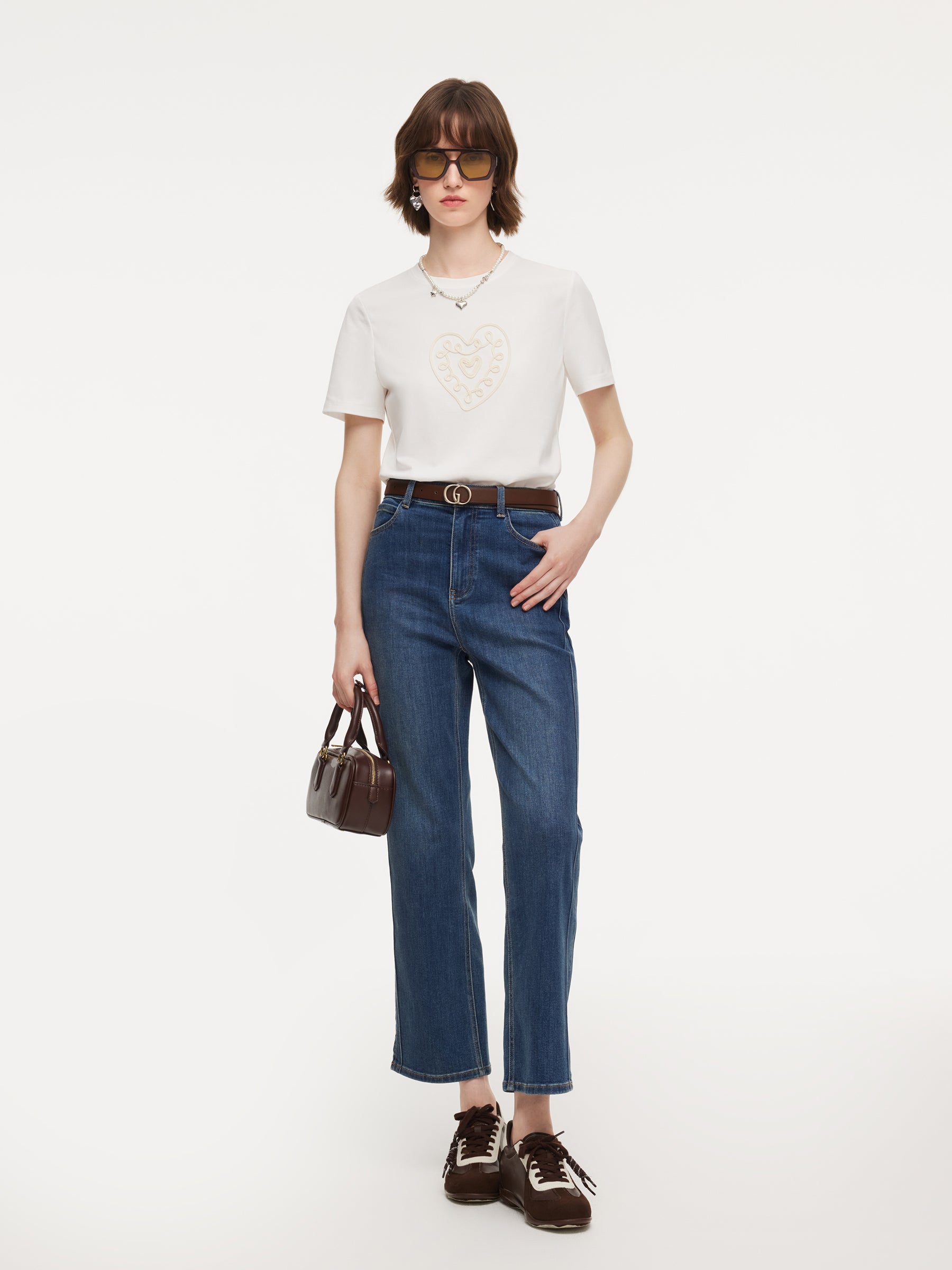 Cotton Blend Round Neck Tape Embroidered Women T-Shirt GOELIA