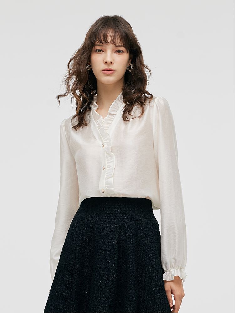 Tencel Ruffle Neck Women Shirt GOELIA