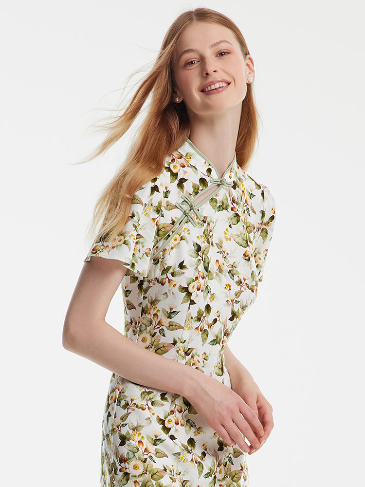 Tencel Linen Floral Cheongsam Dress GOELIA