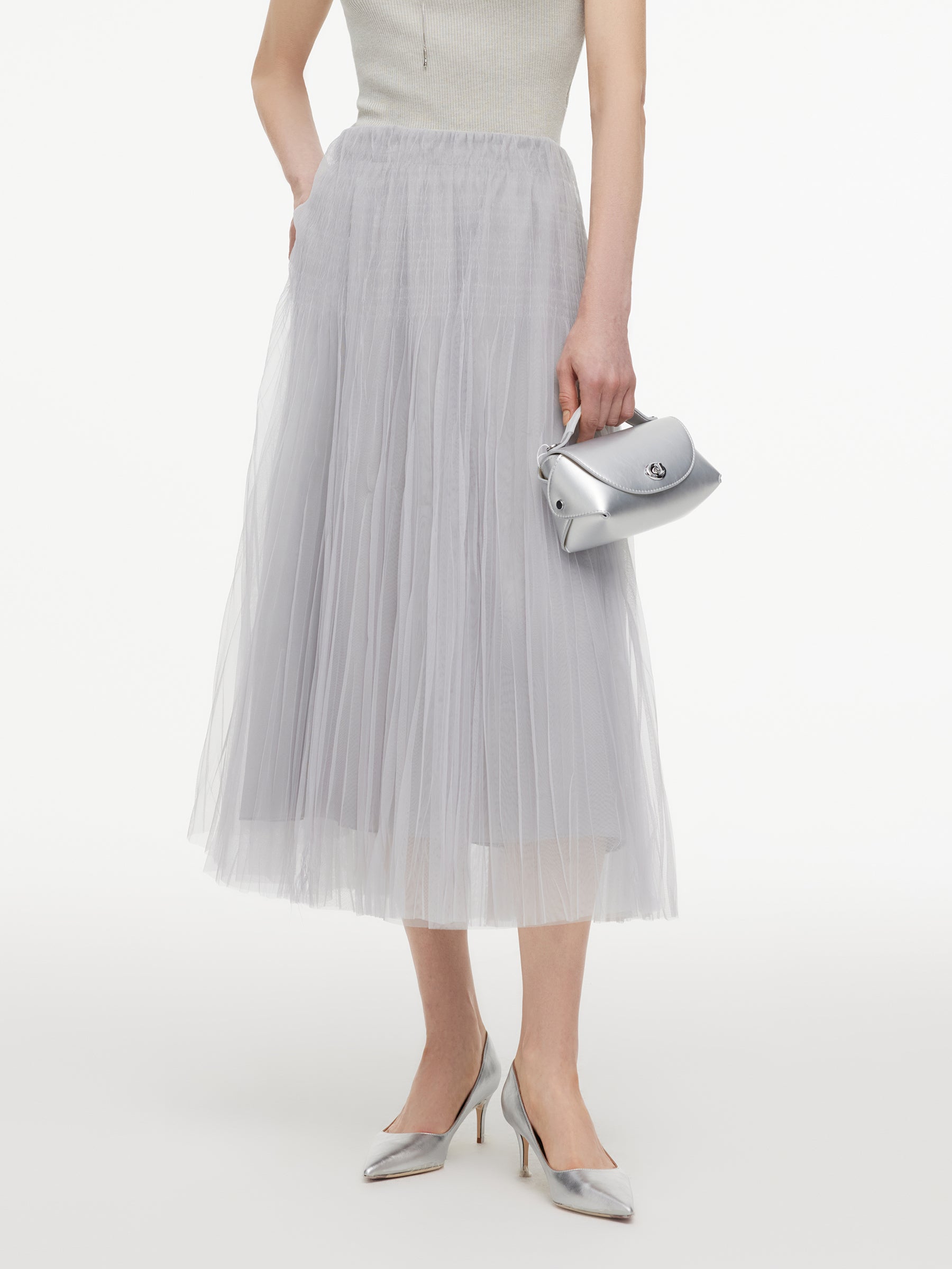 [Preview] Elastic Waist A-Line Pleated Women Mesh Skirt GOELIA