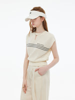 Tencel Blend Stripe Letter Print Women Cap Sleeve Knit Top GOELIA