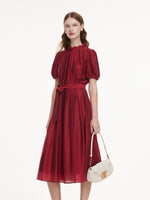 Tencel Blend Ruffle Neck Puff Sleeves Women Belted Maxi Dress GOELIA