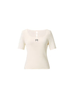 [Preview] Lyocell Blend Bowknot Embroidered Women Square Neck Knit Top GOELIA