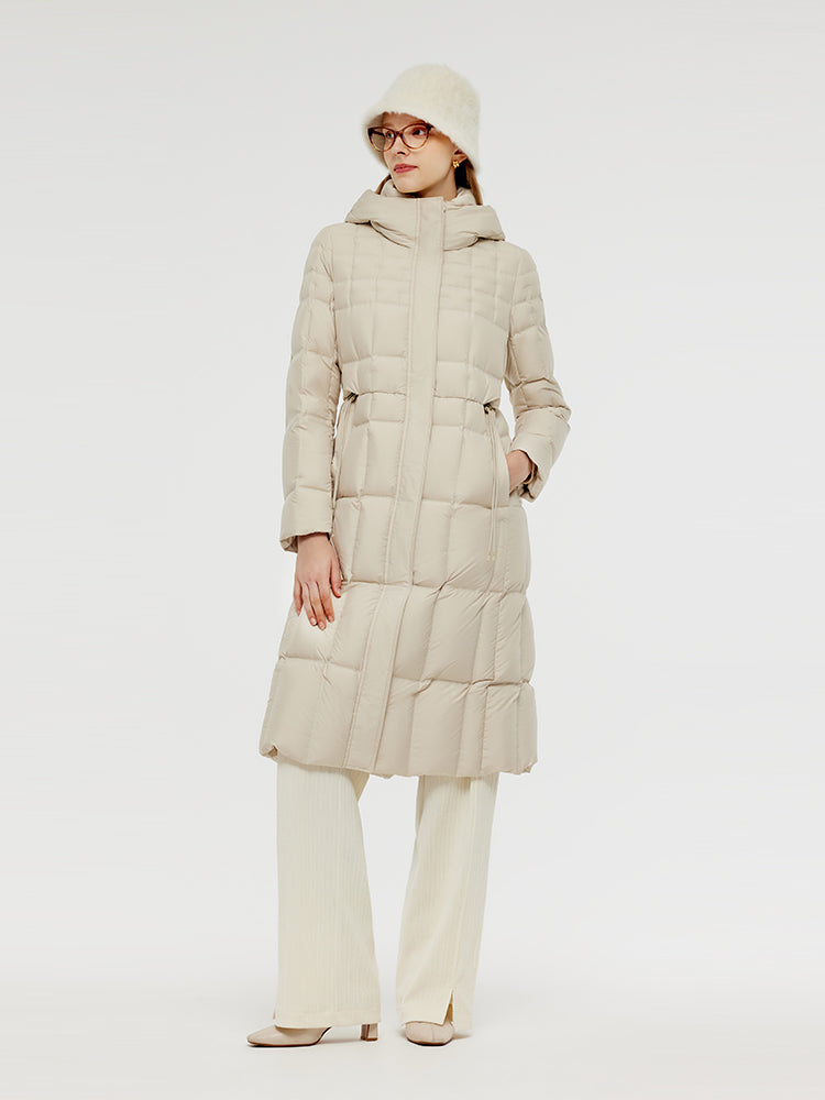Drawstring Hooded Long Goose Down Coat Ivory XXS