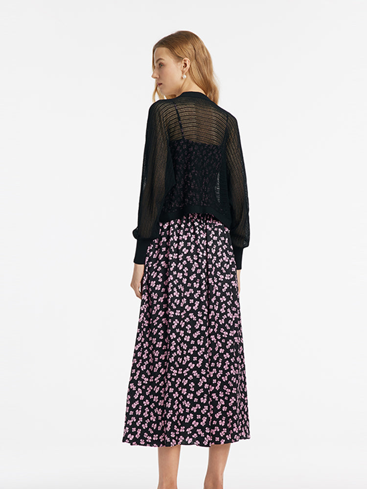 Bowknot Printed Spaghetti Strap Maxi Dress And Knitted Cardigan Two-Piece Set With Scrunchie GOELIA