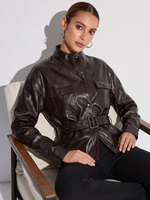 PU Leather Stand Collar Wind-Proof Women Belted Jacket GOELIA