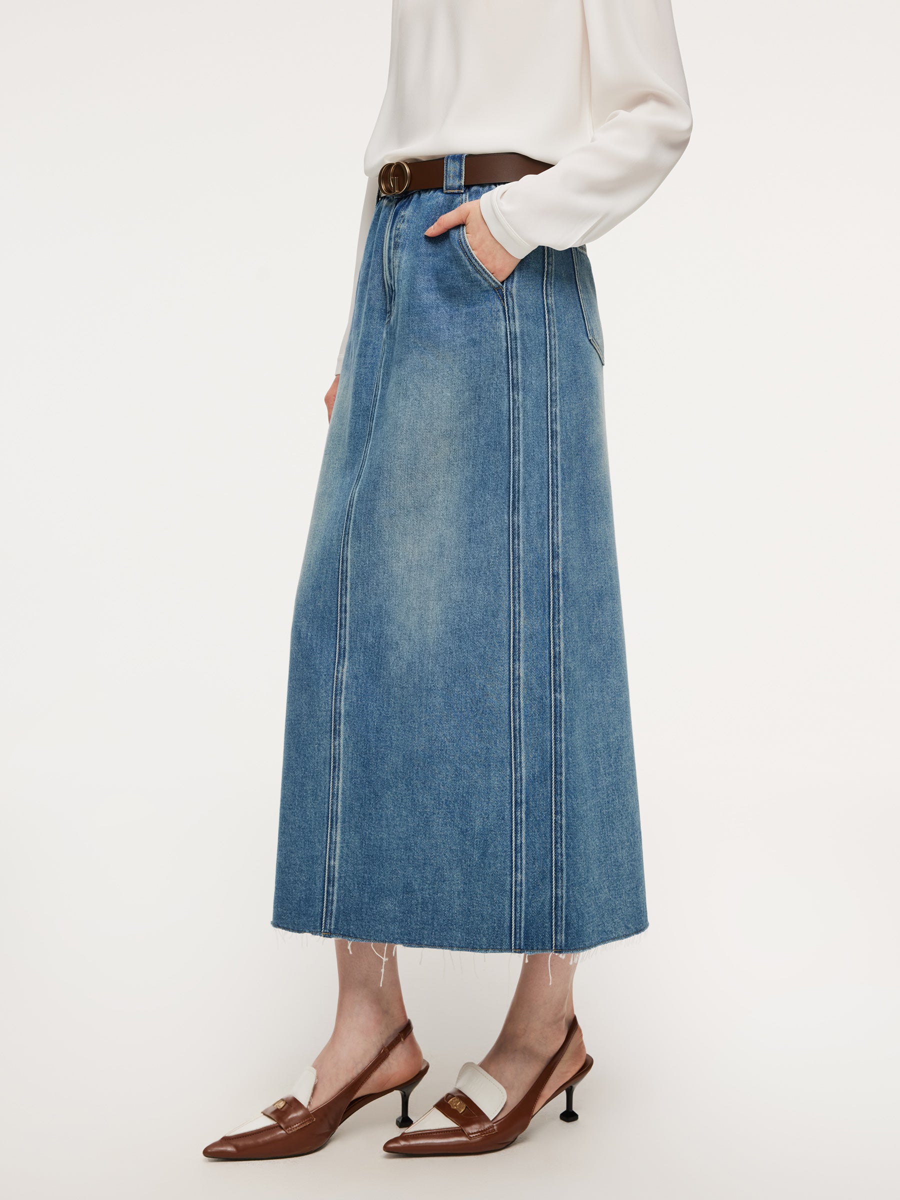 [Preview] Lyocell Cotton Blend Denim Frayed Hem Women Skirt With GO Letter Leather Belt GOELIA