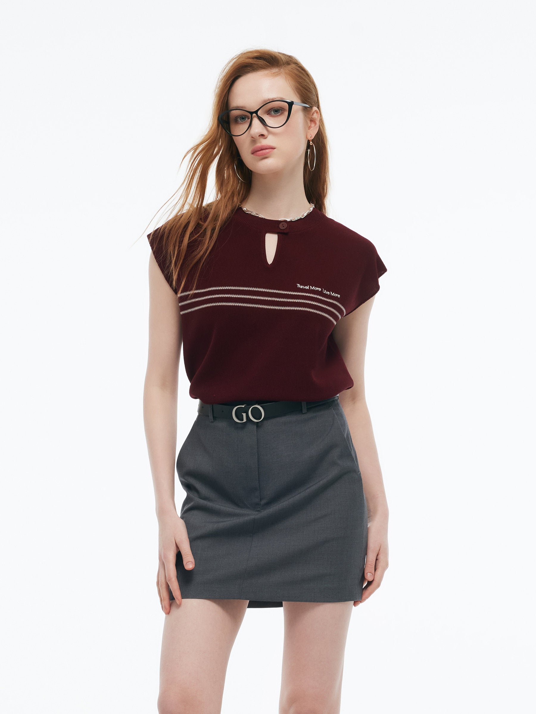 Tencel Blend Stripe Letter Print Women Cap Sleeve Knit Top GOELIA
