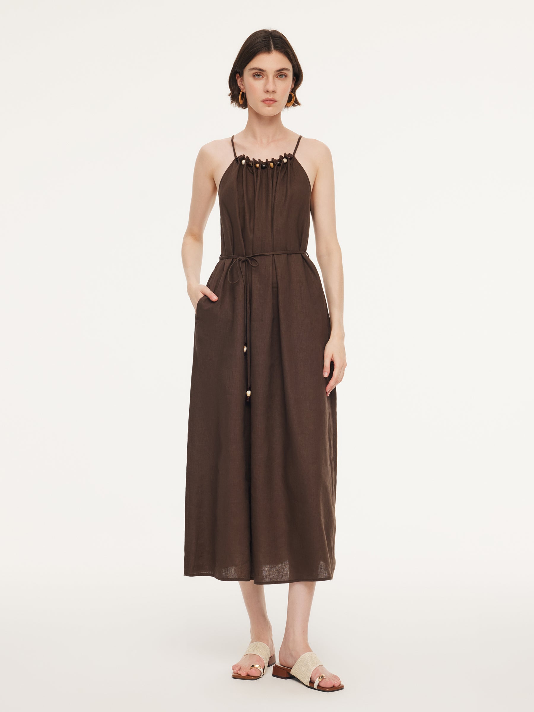 100% Linen Beaded Neck Women Strap Maxi Dress With Tie String Belt GOELIA