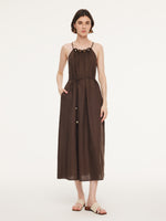 100% Linen Beaded Neck Women Strap Maxi Dress With Tie String Belt GOELIA