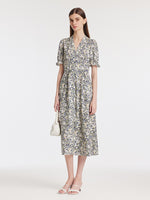 Floral Printed V-Neck Puff Sleeves Women Midi Dress GOELIA