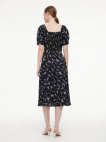 [Preview] Ribbon Print Puff Sleeve Women Midi Dress GOELIA