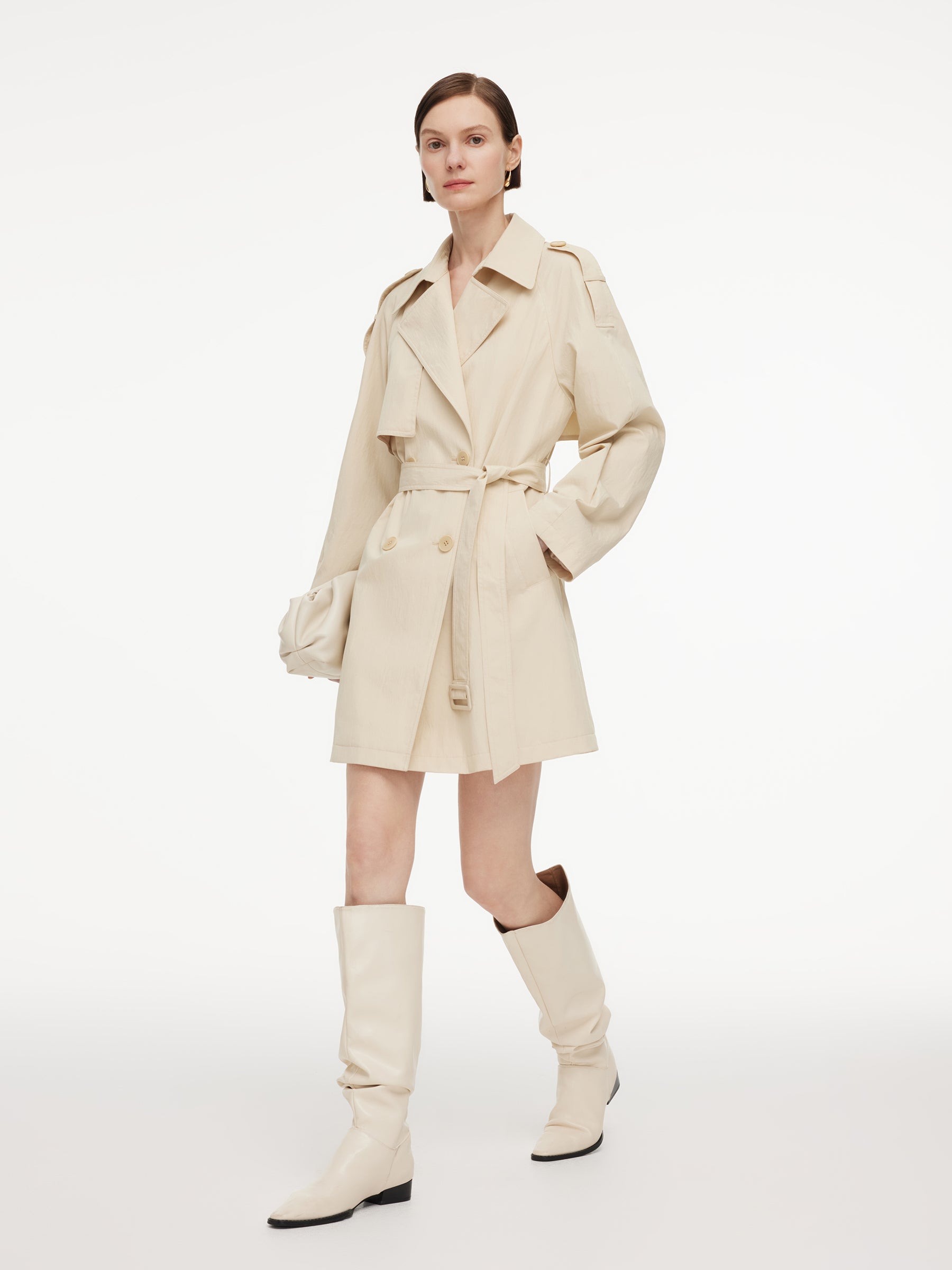 Cotton Blend H-Line Women Mid Length Belted Trench Coat GOELIA
