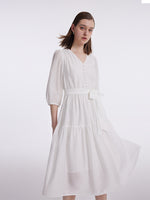 White V-Neck Gathered Waist Midi Dress GOELIA