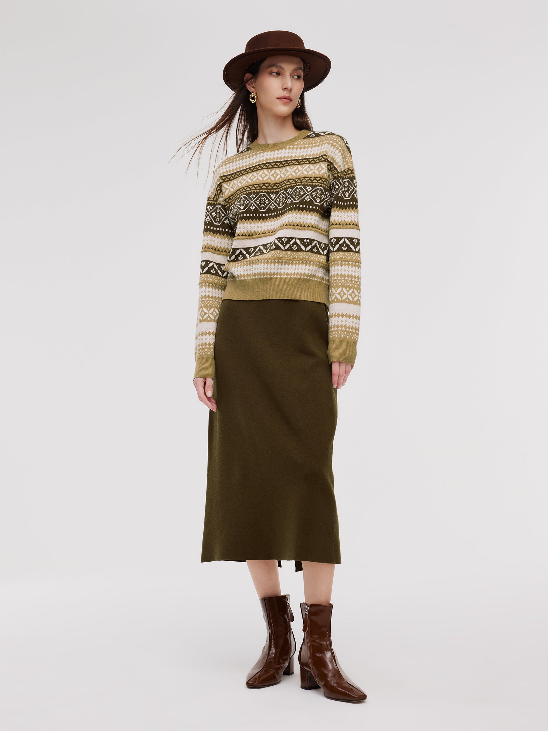 [Preview] Jacquard Knit Top And Skirt Two-Piece Set GOELIA