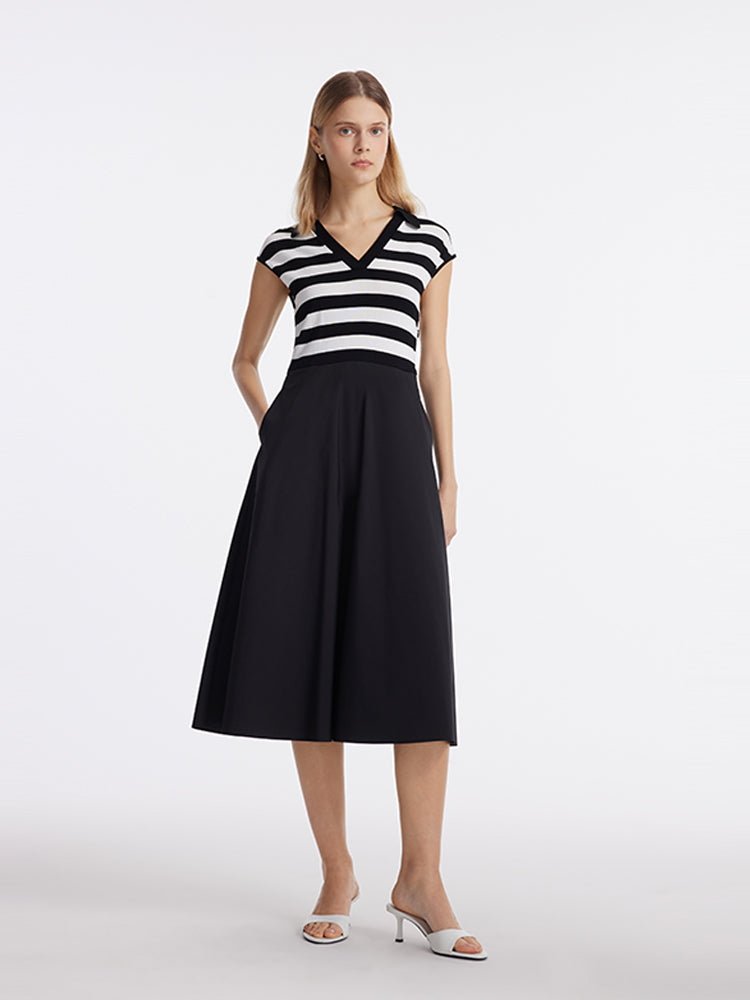 Tencel Striped Patchwork Women Midi Dress GOELIA