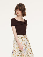 Lyocell Blend Off Shoulder Women Knit Top With Detachable Magnetic Flower GOELIA