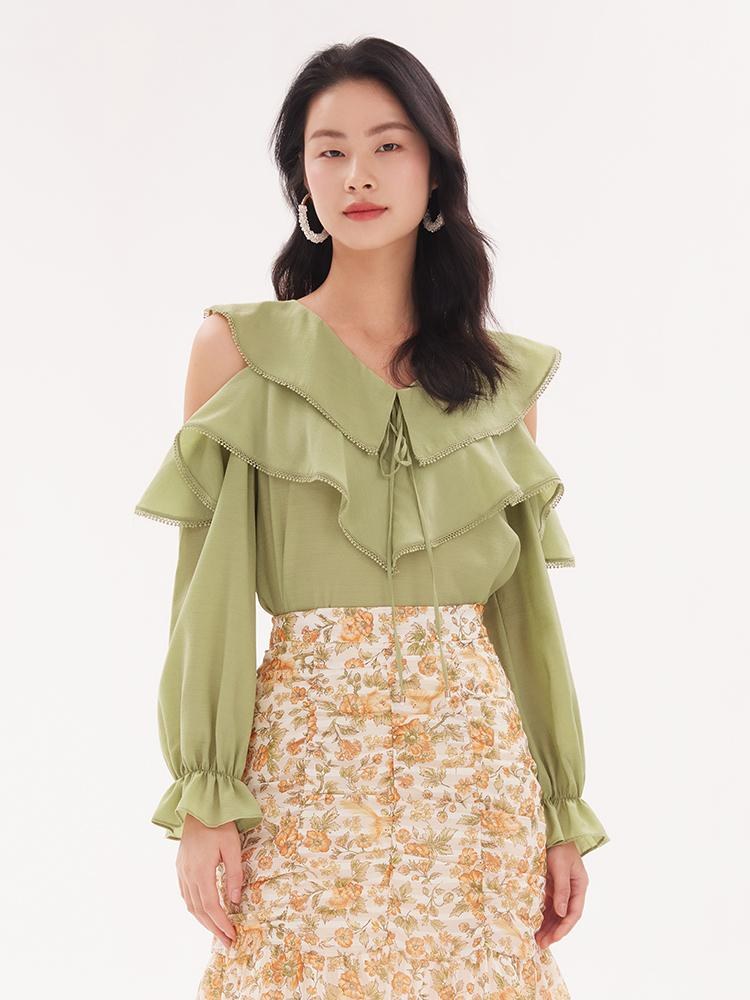 Acetate Ruffle Long Sleeve Women Blouse GOELIA