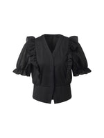 Tencel Blend Puff Sleeve Women Ruffe Patchwork Top GOELIA