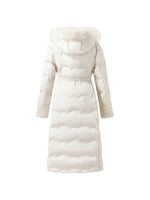 Belted Long Goose Down Coat With Detachable Faux Fur Hood GOELIA