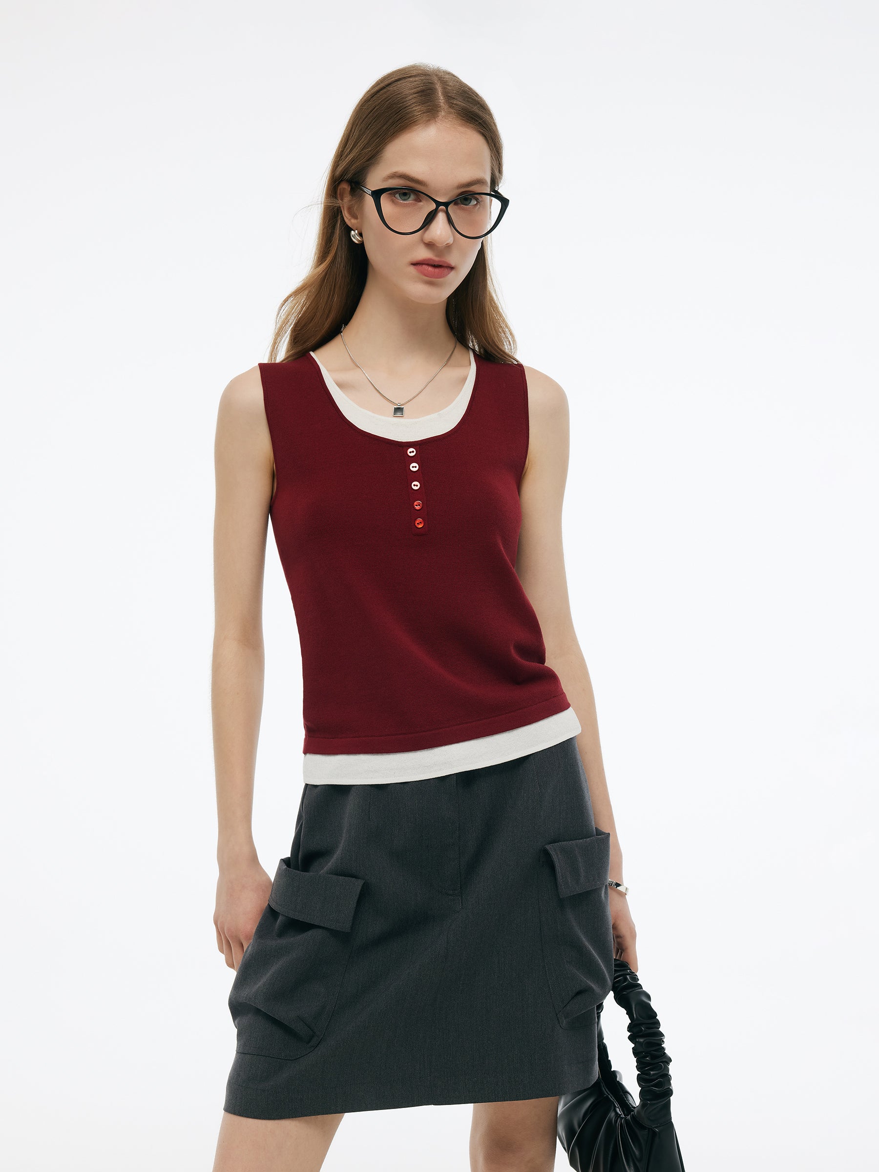 Lyocell Blend Faux Two-Piece Women Knit Tank Top GOELIA