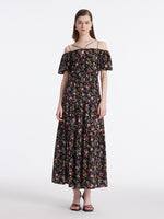 16 Momme Mulberry Silk Rose Printed Off Shoulder Women Maxi Dress GOELIA