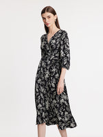 Camellia Printed V-Neck Ruffle Hem Women Midi Wrap Dress GOELIA