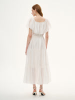 Tencel Blend Conovertible Neck Women Gathered Waist Maxi Dress With Floral Ribbon GOELIA