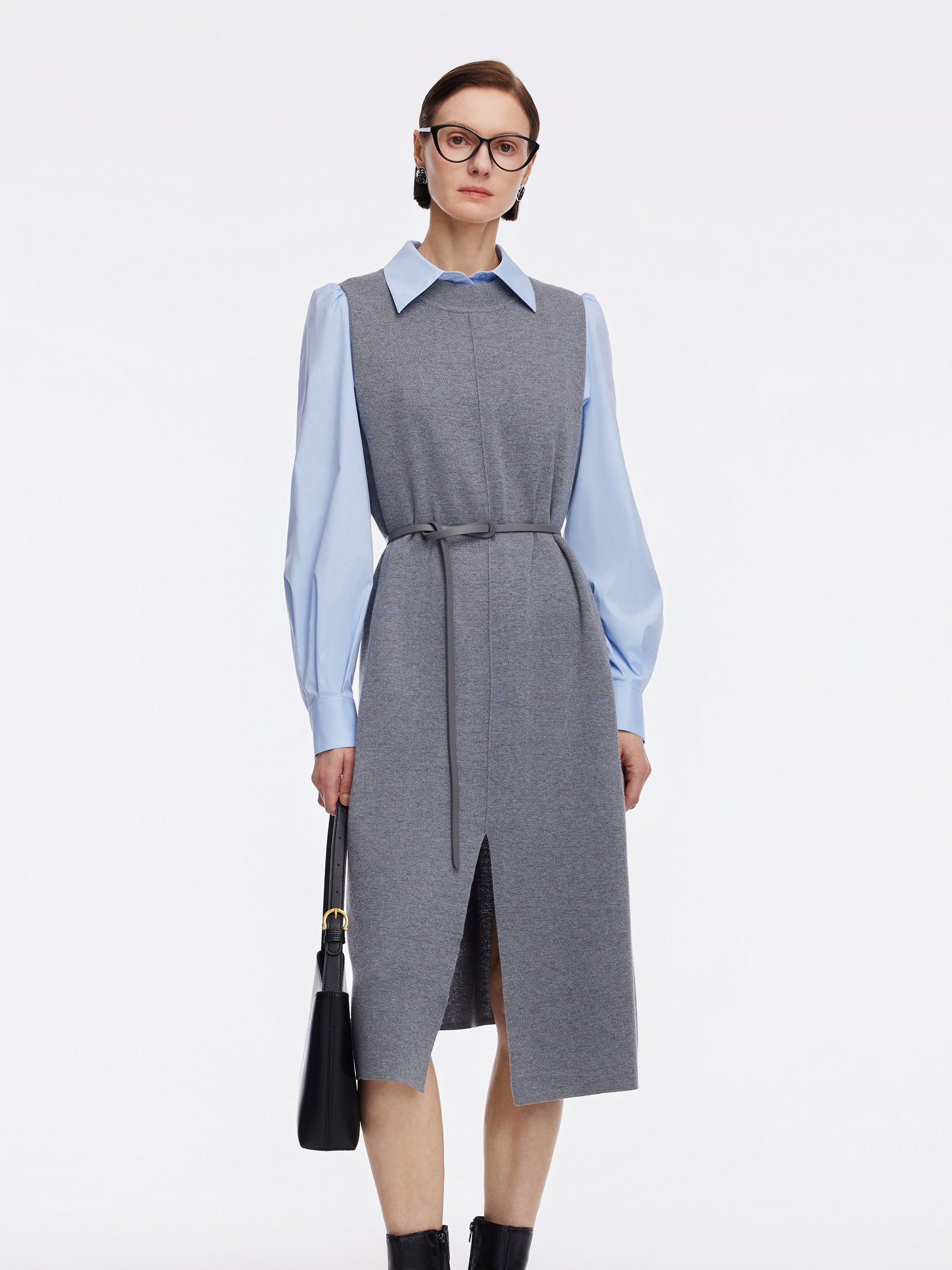 [Preview] Sleeveless Knit Dress And Shirt Two-Piece Set With Belt GOELIA