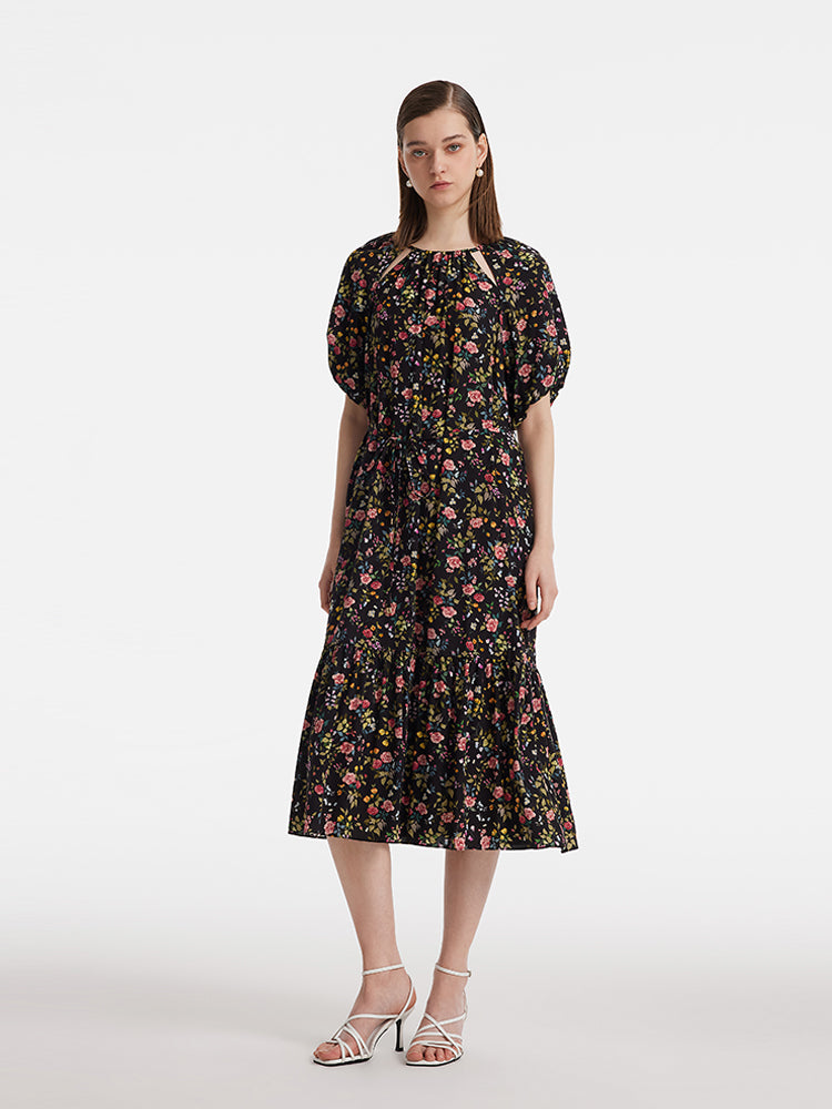 16 Momme Mulberry Silk Cut-Out Rose Printed Women Midi Dress GOELIA