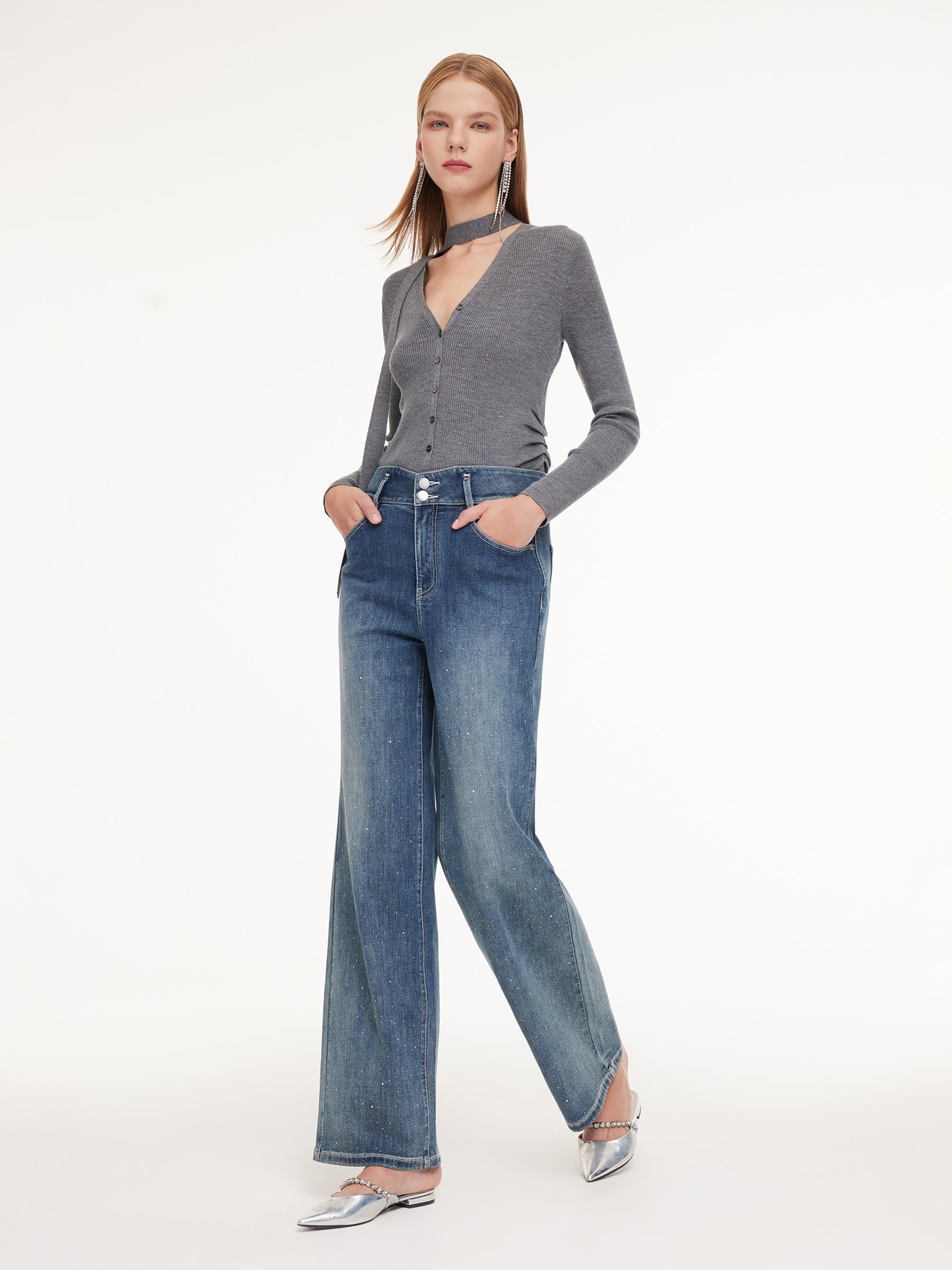 Acetate Blend Denim Rhinestone Women Jeans GOELIA