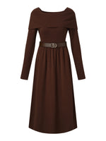 Tencel Wool Blend Boat Neck Women Knit Maxi Dress With Leather Belt GOELIA