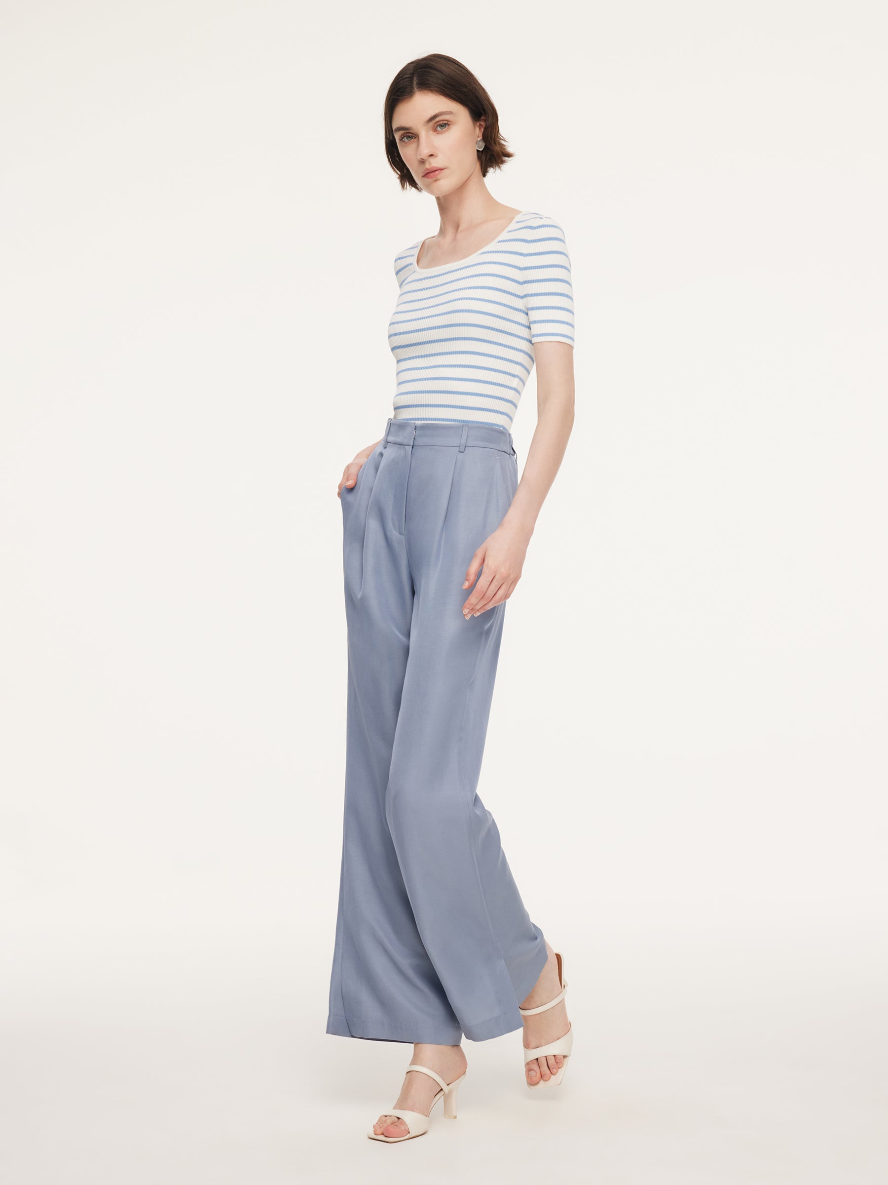 Lyocell Blend Stripe Square Neck Women Knit Top GOELIA