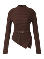 100% Wool Knit Top And PU Leather Skirt Two-Piece Set With Belt GOELIA