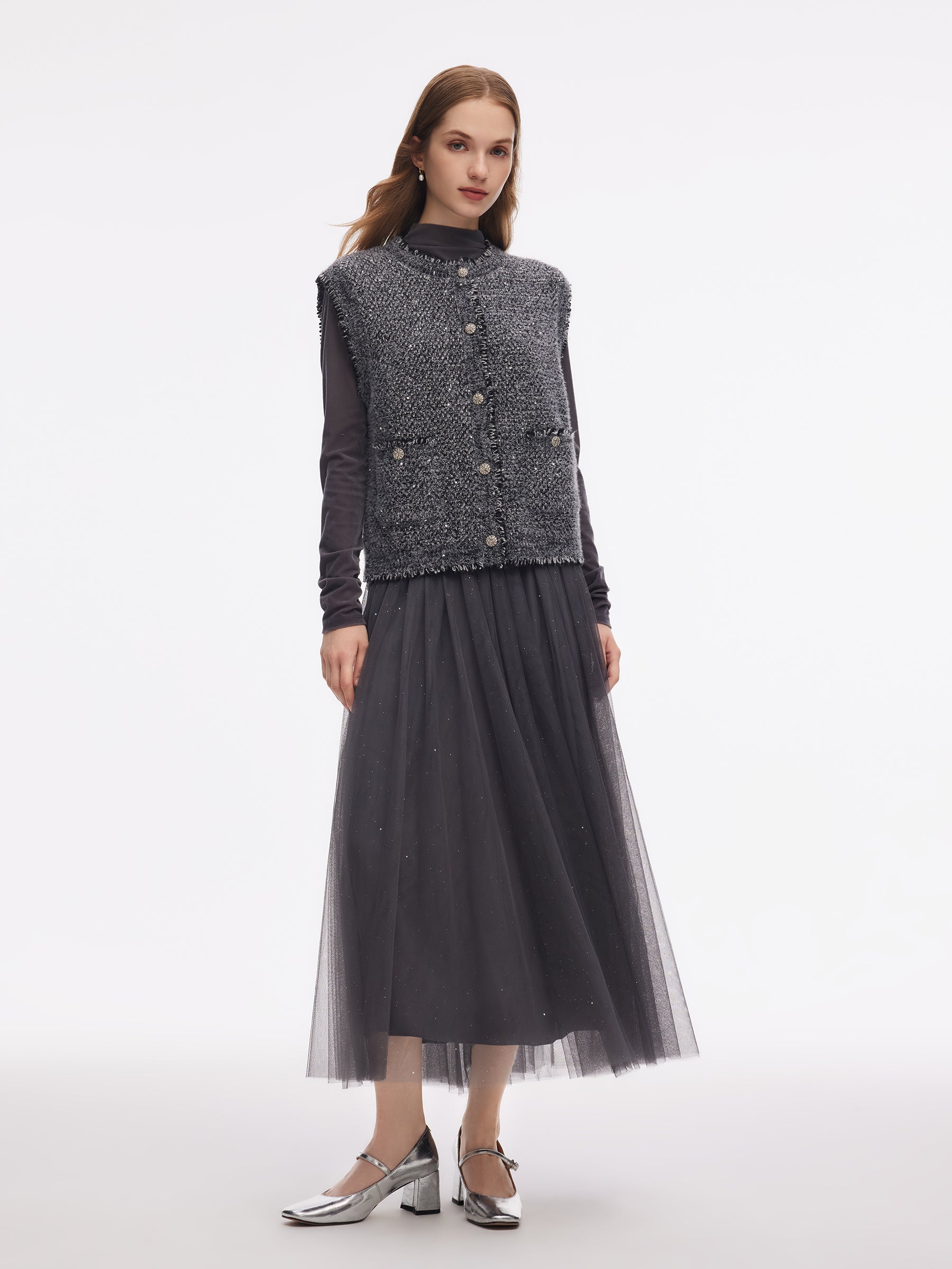 Frayed Trim Sequins Women Vest GOELIA