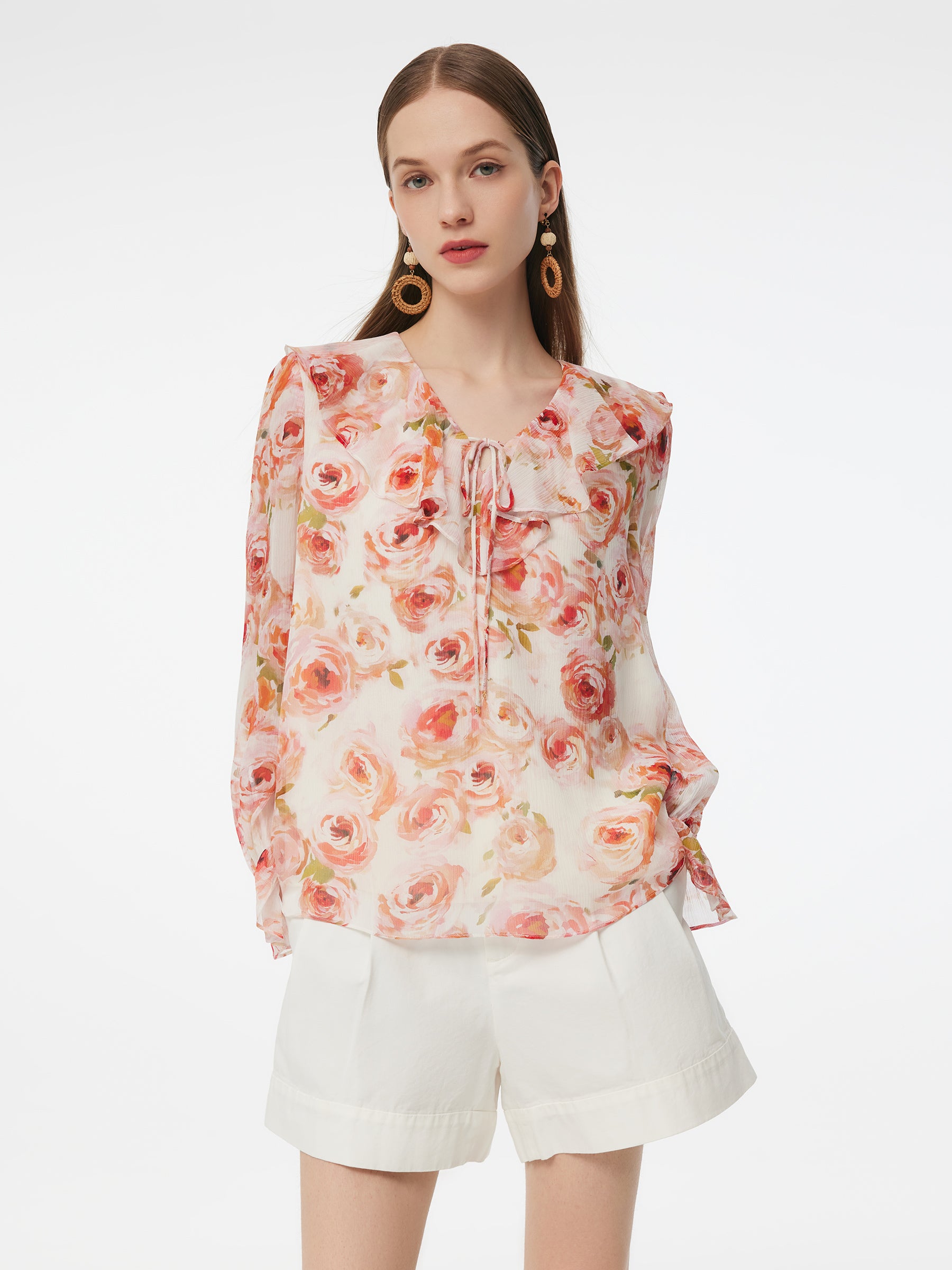 10MM Mulberry Silk Rose Print Tie Front Women Blouse GOELIA