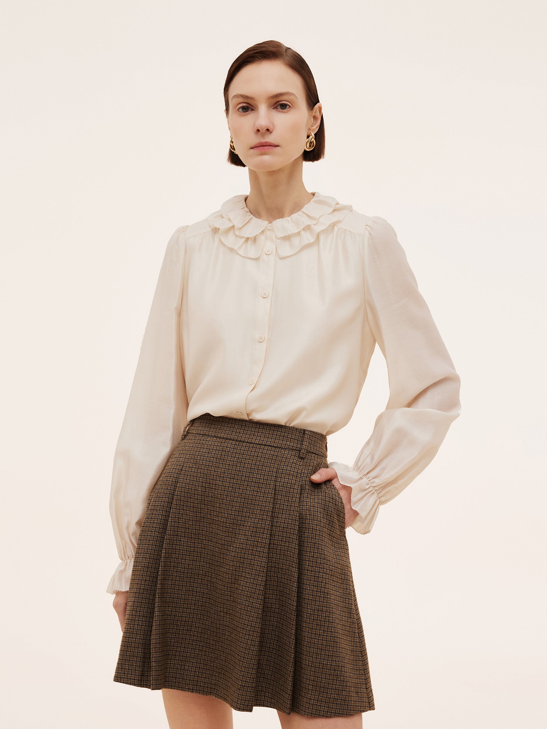 Acetate Modal Blend Women Ruffle Neckline Shirt GOELIA
