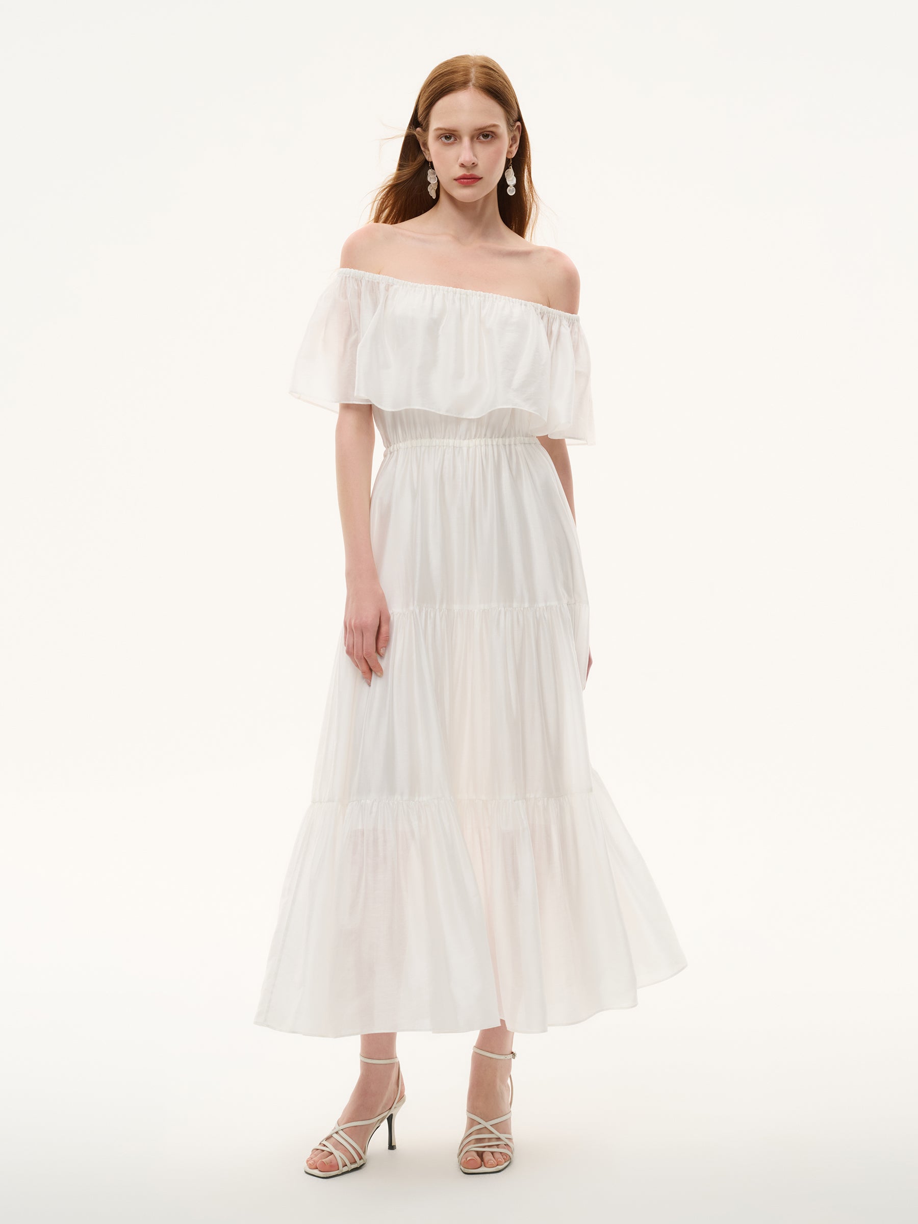 Tencel Blend Conovertible Neck Women Gathered Waist Maxi Dress With Floral Ribbon GOELIA