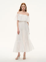Tencel Blend Conovertible Neck Women Gathered Waist Maxi Dress With Floral Ribbon GOELIA