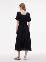 Tencel Blend Square Neck Women Puff Sleeve Maxi Dress GOELIA