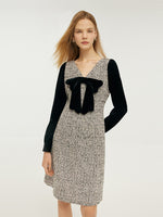 Wool Blend Patchwork Velvet Women Mini Dress With Detachable Bowknot GOELIA