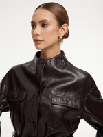 PU Leather Stand Collar Wind-Proof Women Belted Jacket GOELIA