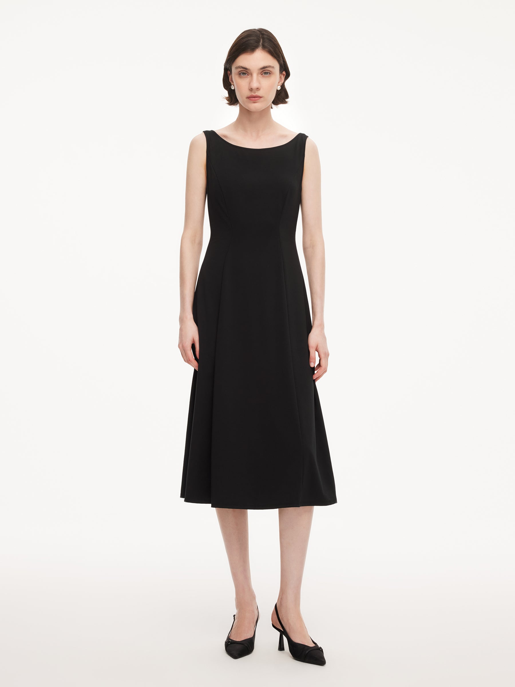 Tencel Blend Sleeveless Women Knit Midi Dress With Detachable Flounce Overlay GOELIA