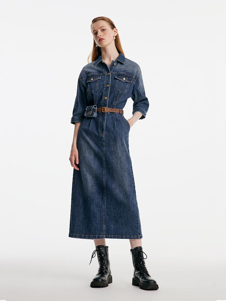 Shirt-Style Denim Maxi Dress With Belt And Waist Bag – GOELIA