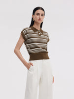 Tencel Blend Polo Collar Stripe Women Cap Sleeve Knit Tank Top GOELIA