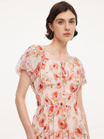 10MM Mulberry Silk Rose Print Women Midi Dress With Scrunchie GOELIA