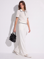 Lyocell Blend Contrast Trim Women Pointelle Polo Knit Top GOELIA