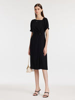 Acetate Asymmetric Neck Slit Twist Waist Women Midi Dress GOELIA