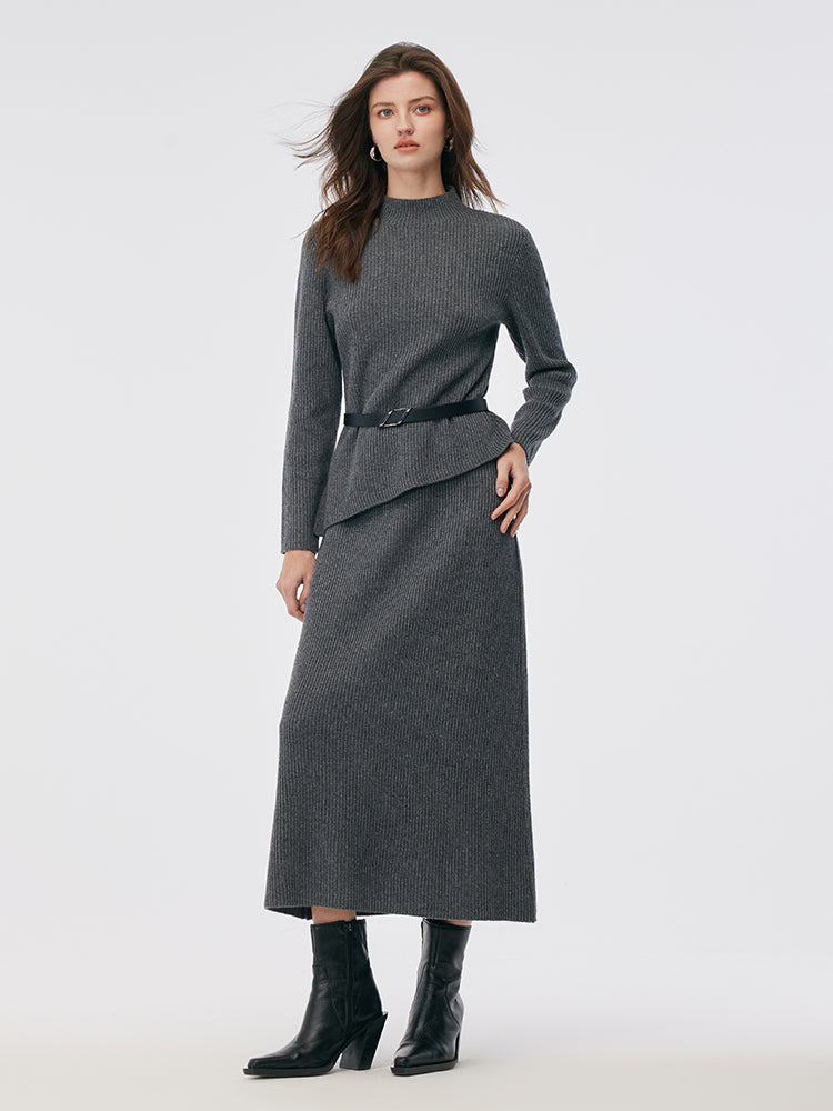 Wool Blend Mock Neck Sweater And A-Line Skirt Two-Piece Set With Belt GOELIA